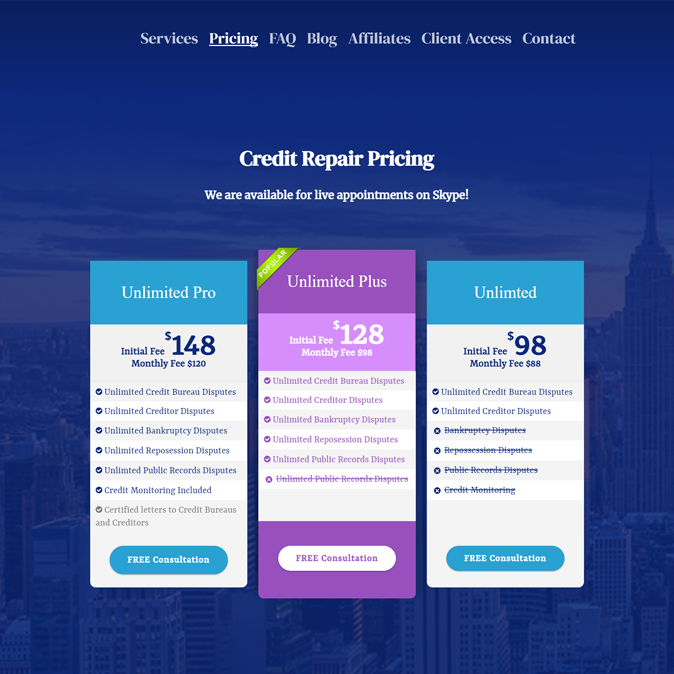 Credit repair website pricing chart