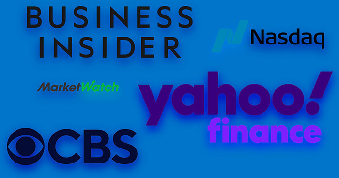 Logos of Business Insider, Market Watch, CBS, Nasdaq and Yahoo! Finance