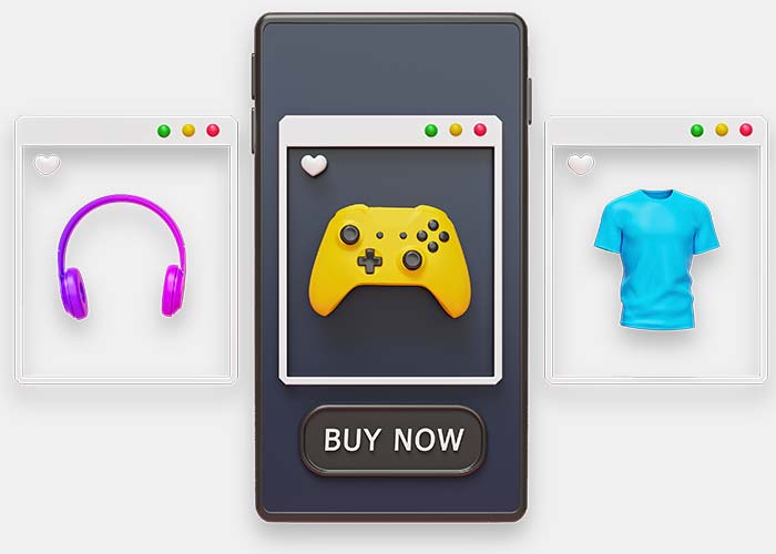 phone screen with advertisements for headphones, gaming controller, t-shirt